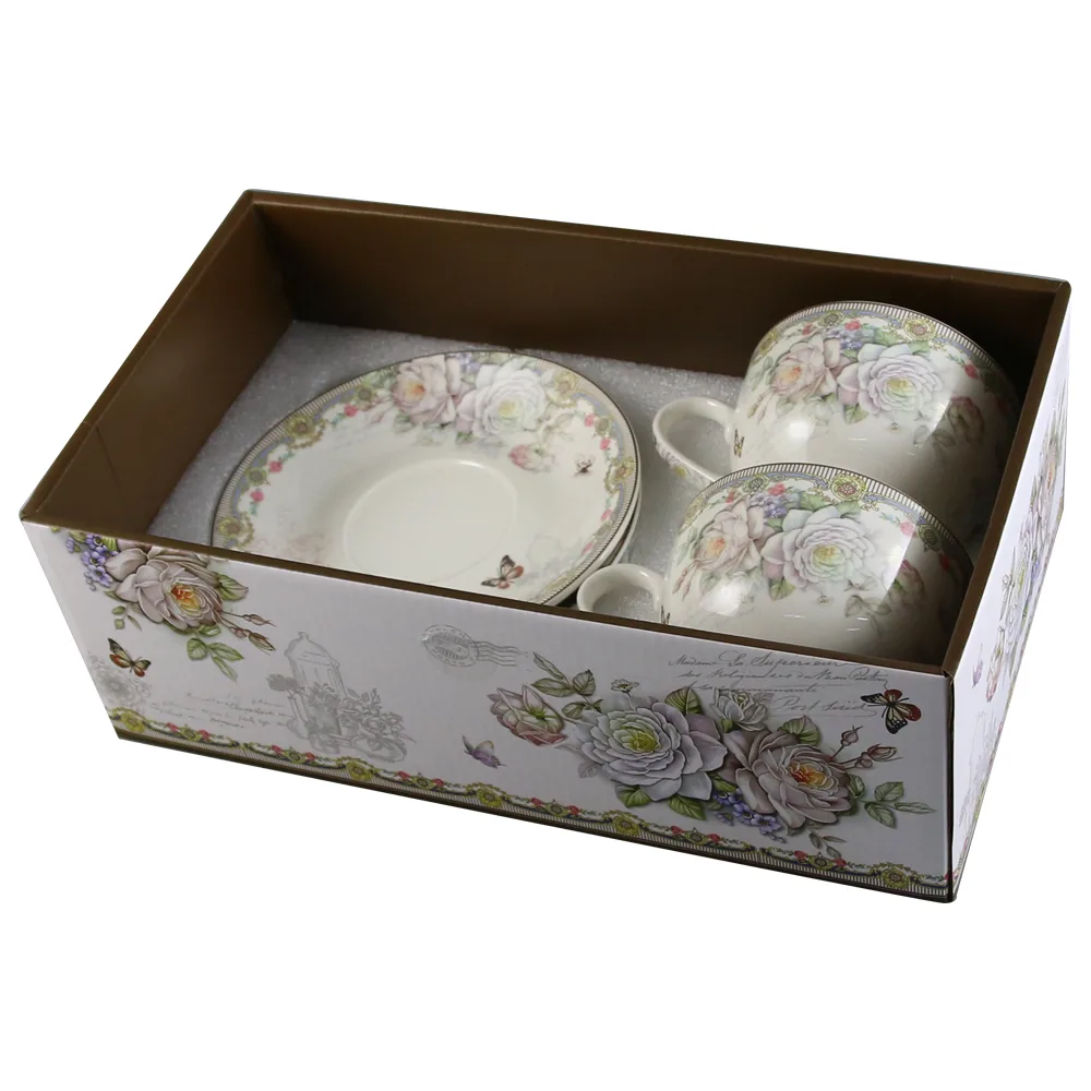 Set 2 cesti din ceramica cu farfurii, 150 ml, Trandafiri, albastru, in cutie cadou - imagine 2