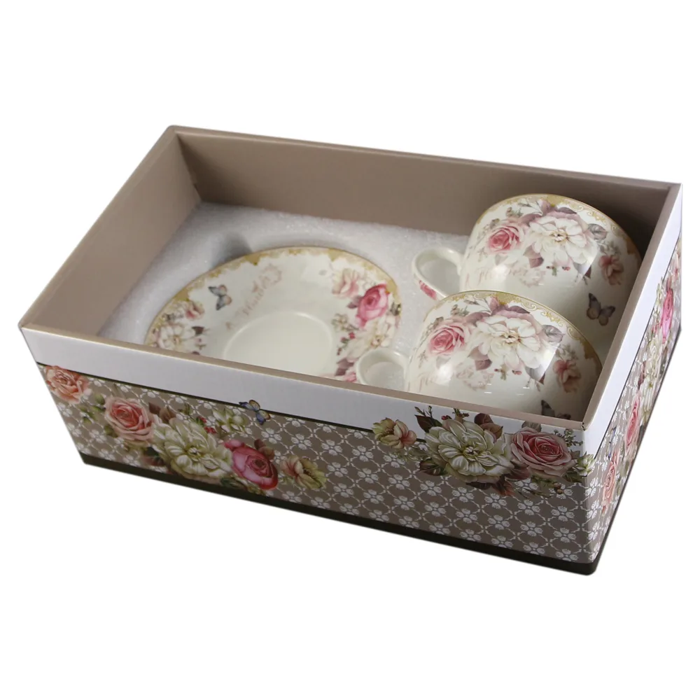 Set 2 cesti din ceramica cu farfurii "Flower", 150 ml, , in cutie cadou - imagine 2