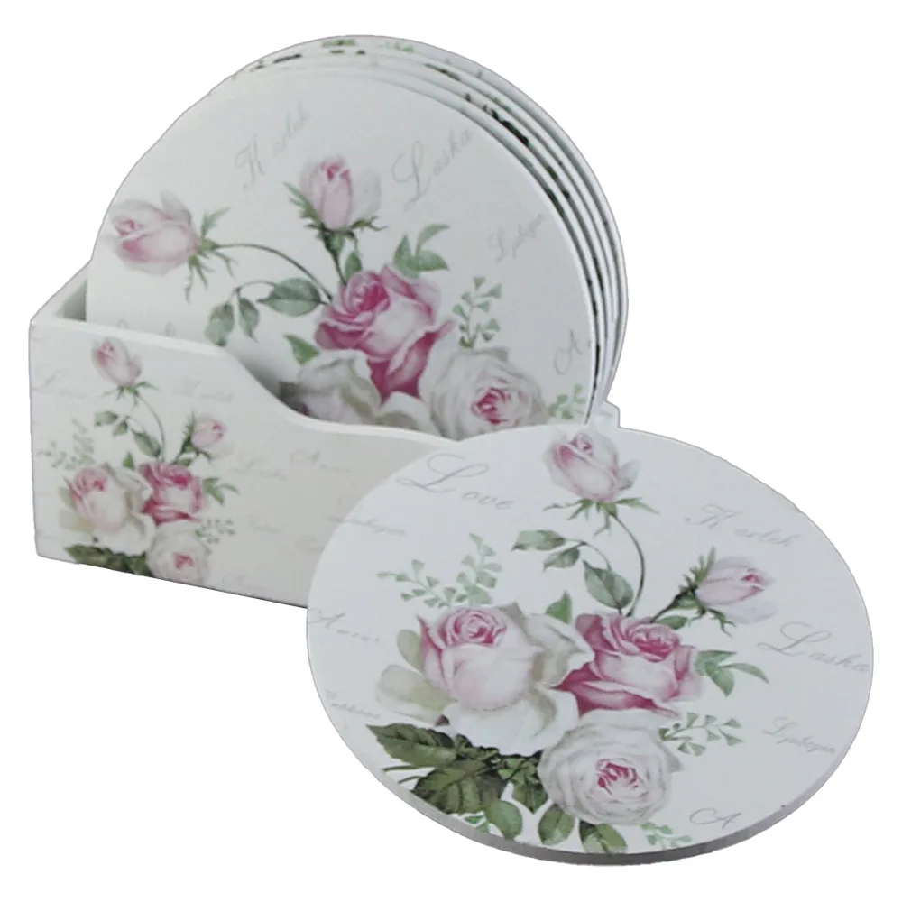 Set 6 suporturi pentru pahare din lemn, 10.5 CM, cu suport, Rose love