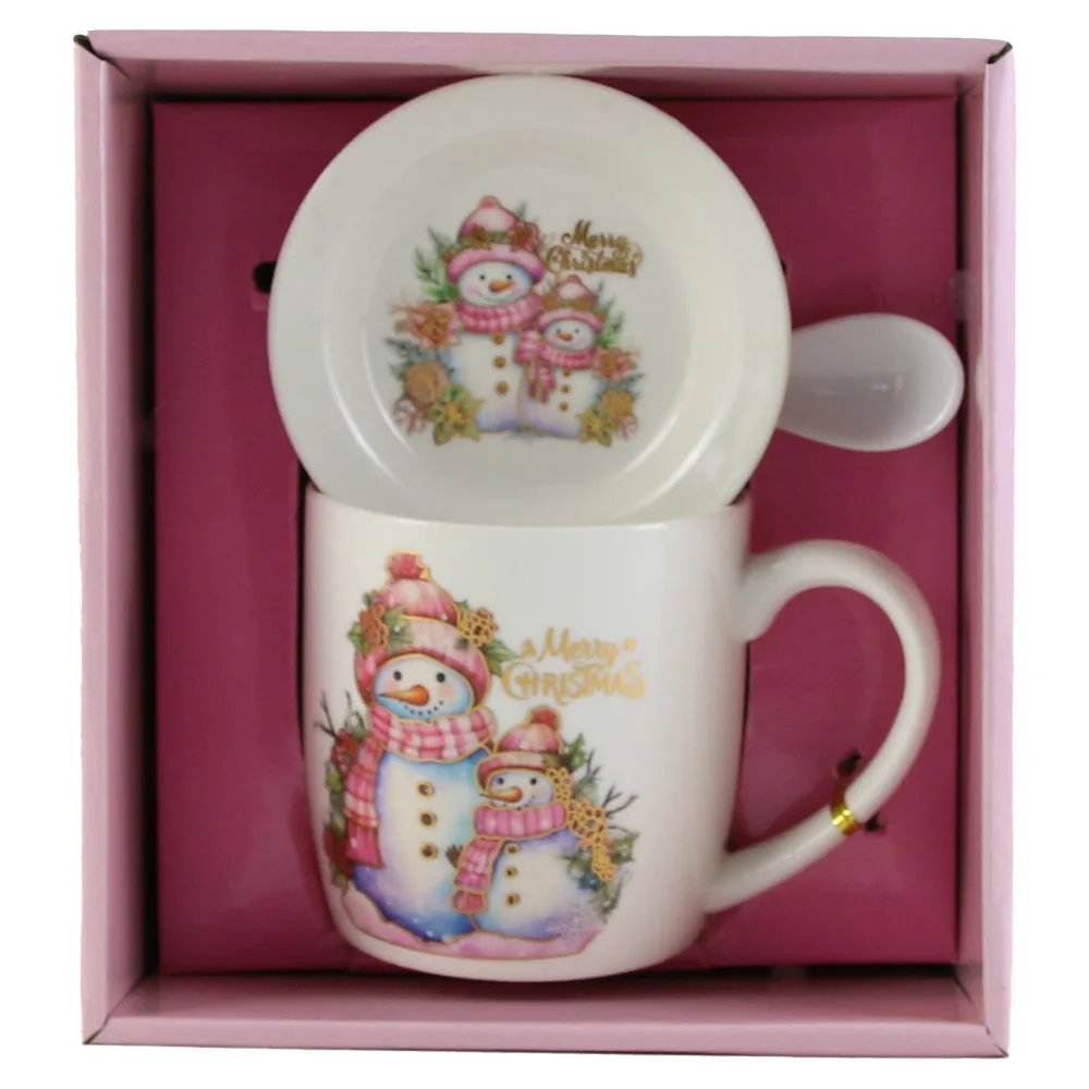 Cana de Craciun cu farfurie si lingurita, din ceramica, Om de zapada, roz - imagine 2