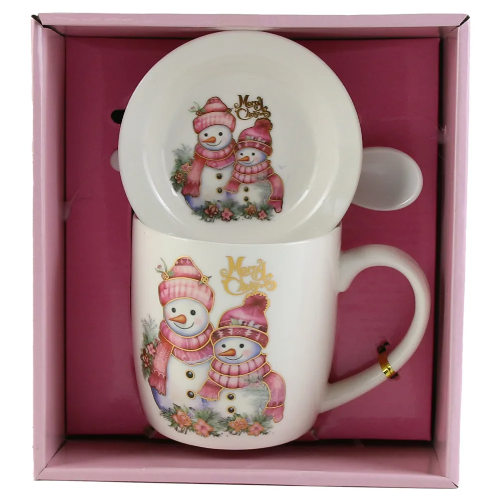 Cana de Craciun cu farfurie si lingurita, din ceramica, Om de zapada, roz - imagine 3