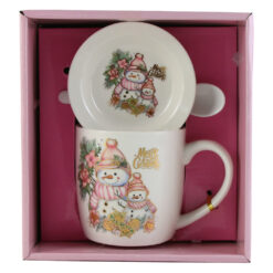 Cana de Craciun cu farfurie si lingurita, din ceramica, Om de zapada, roz - imagine 4