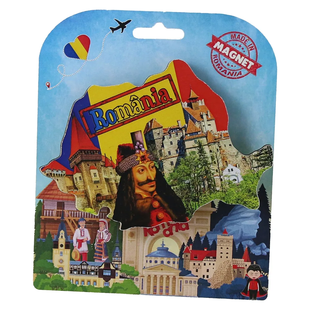 Magnet decorativ Harta Romaniei din lemn 10x7 CM, Vlad Tepes, tricolor