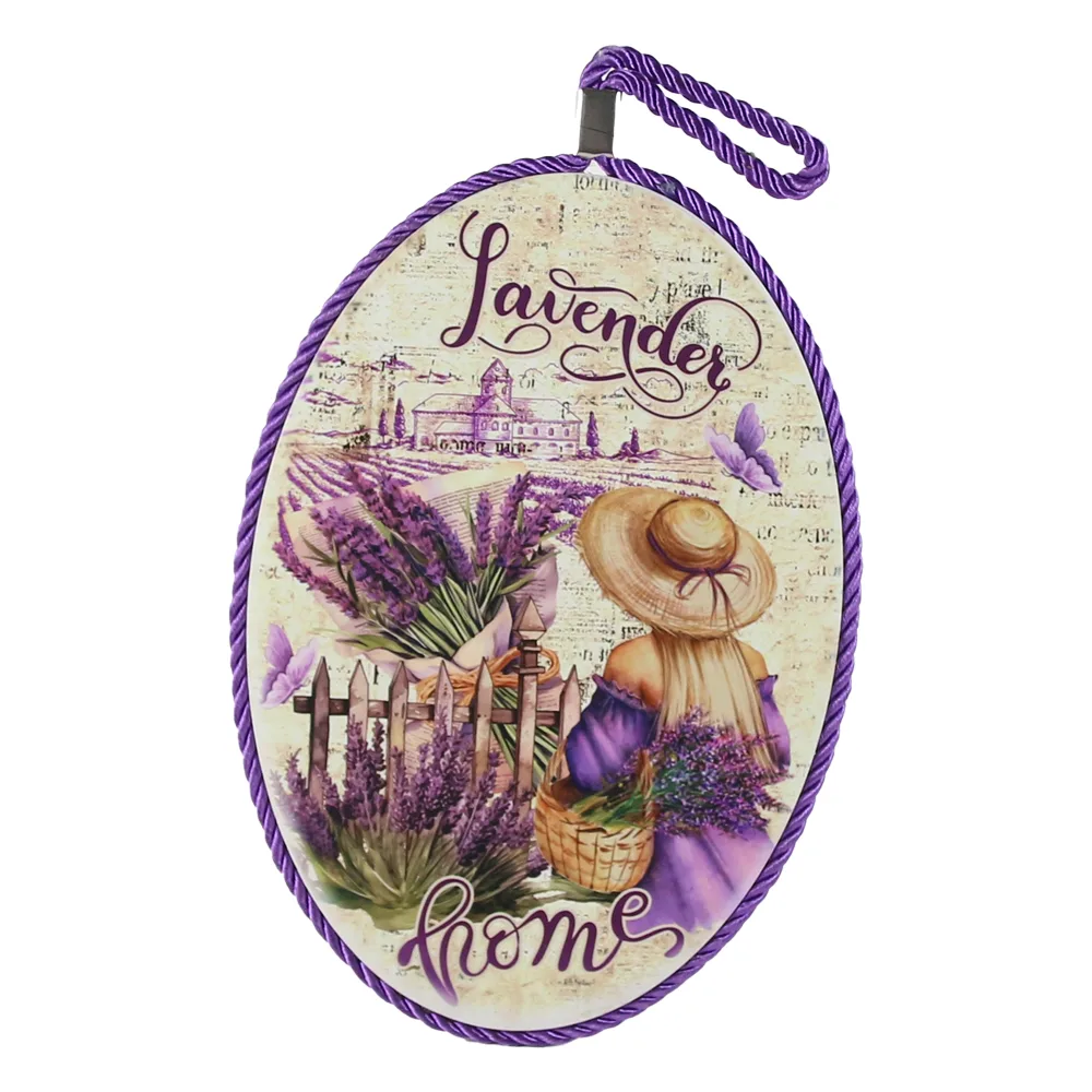 Decor de perete oval din ceramica "Lavender Home" 13 x 19 cm Fata cu lavanda