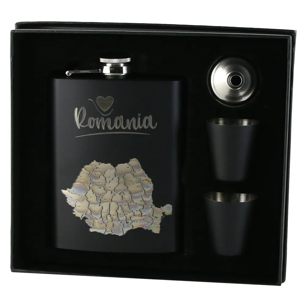 Set cadou "Romania" Plosca cu palnie si 2 pahare, Harta Romaniei