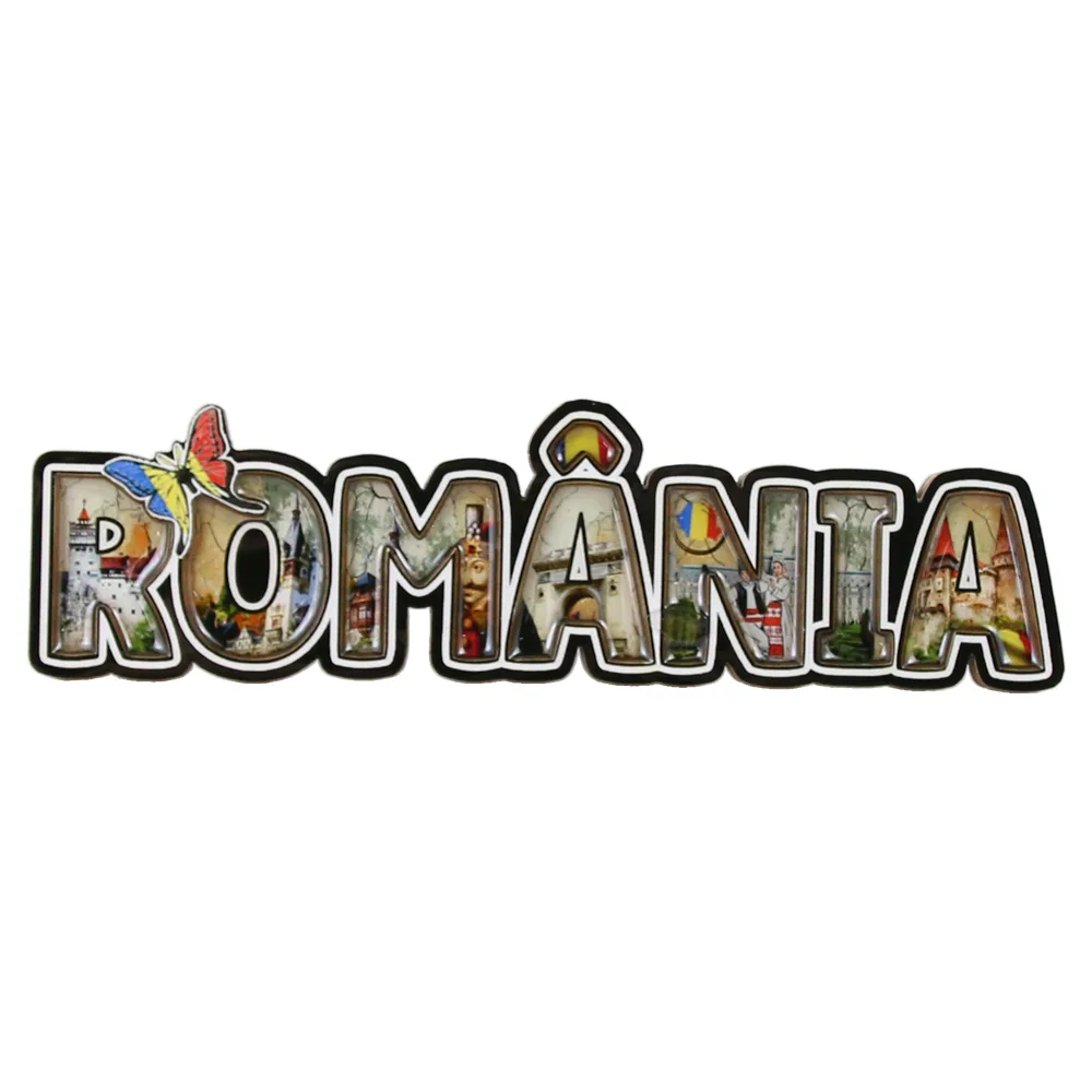 Magnet frigider din lemn 14x4 CM, Romania, cu fluture tricolor