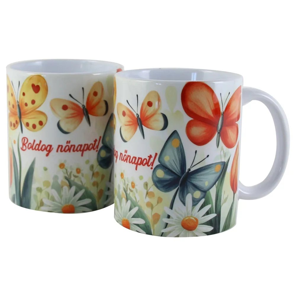 Cana ceramica "Boldog Nonapot! ", 330 ml, cu fluturi