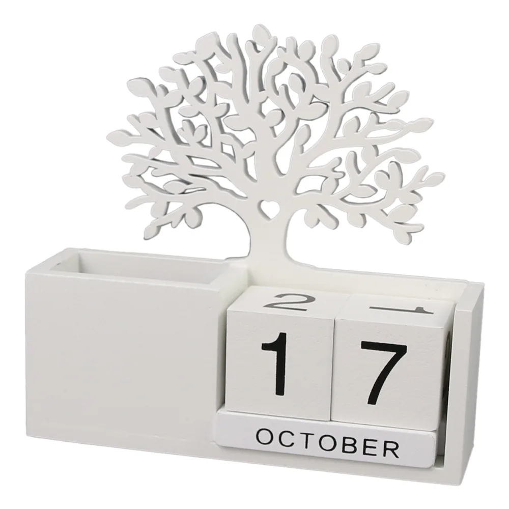 Calendar perpetuu din lemn, cu suport creioane 15x15 CM, Copac