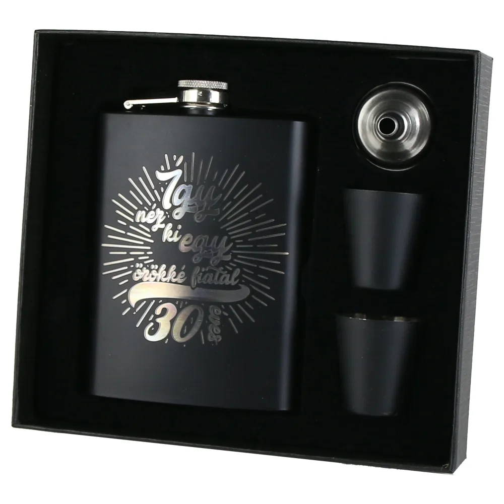 Set cadou "Igy nez ki egy orokke fiatal 30 eves",  Plosca cu palnie si 2 pahare