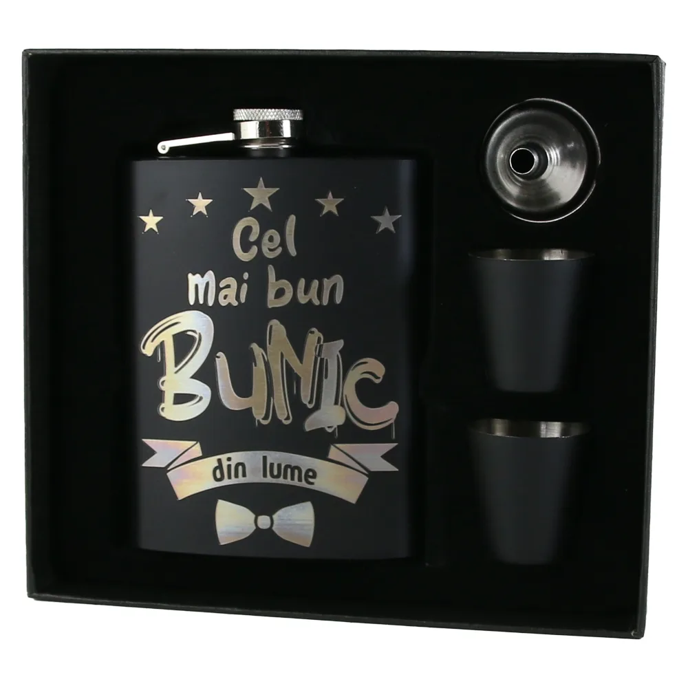 Set cadou "Cel mai bun Bunic din lume",  Plosca cu palnie si 2 pahare