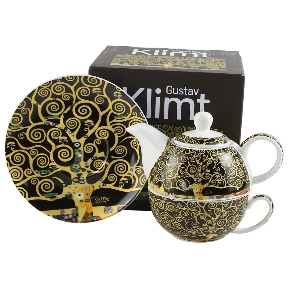 Set ceainic cu ceasca, farfurioara si infuzor metalic 350 ml/300 ml, "Tree of Life" de Gustav Klimt, in cutie decorativa, maro