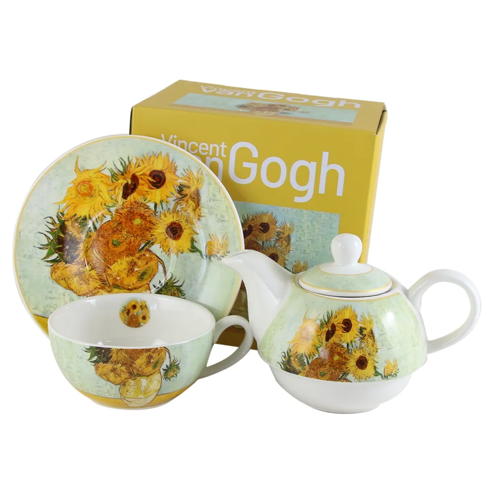 Set ceainic cu ceasca, farfurioara si infuzor metalic 350 ml/240 ml "Sunflowers" de V. van Gogh, in cutie decorativa - imagine 2