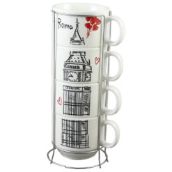 Set 4 cesti din ceramica cu suport metalic, 150 ml, Turnul Eiffel - imagine 4