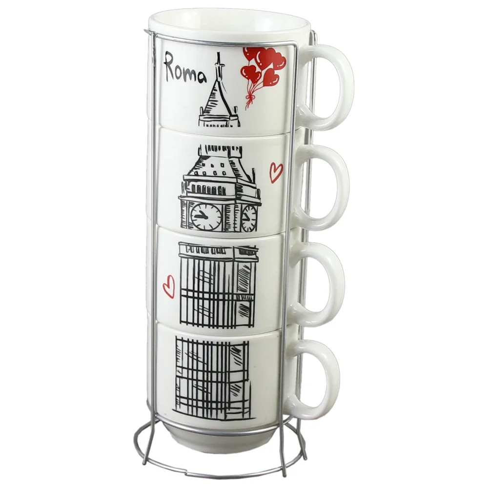 Set 4 cesti din ceramica cu suport metalic, 150 ml, Turnul Eiffel - imagine 4