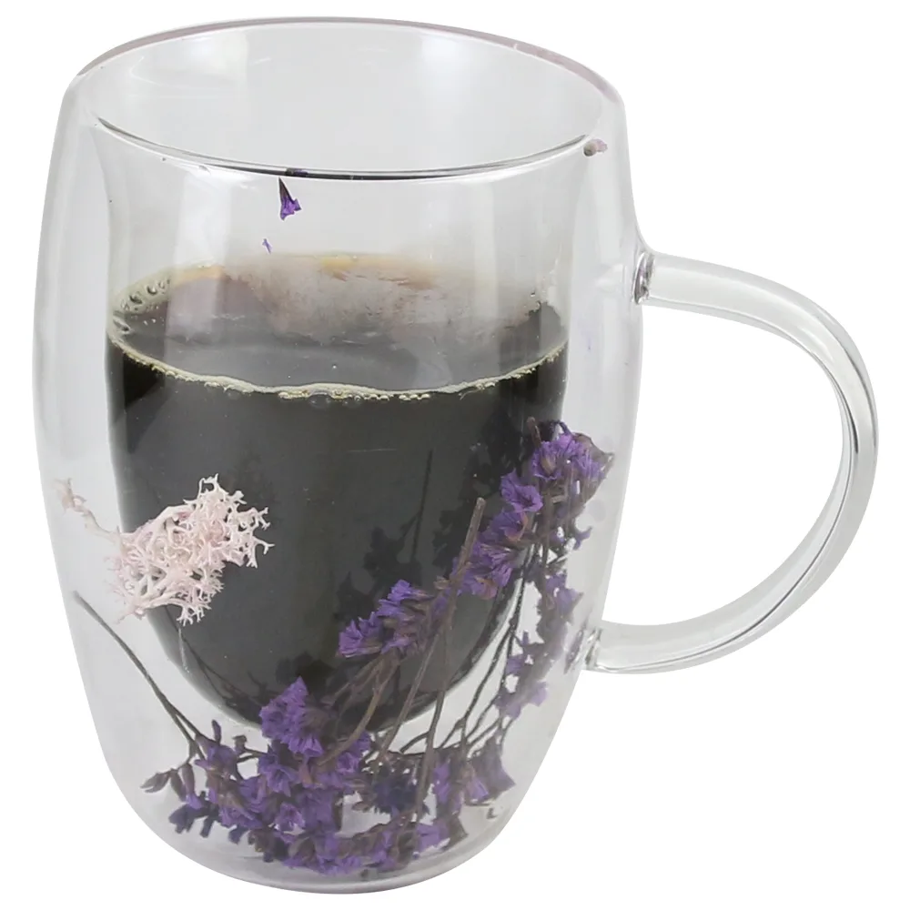 Cana de sticla cu pereti dubli 300 ml, cu pene/flori colorate - imagine 2