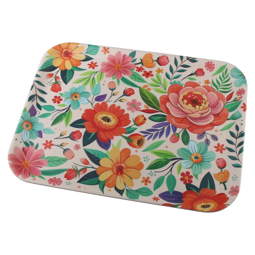 Tava servire din melamina 36.5 x 28.5 cm, flori colorate