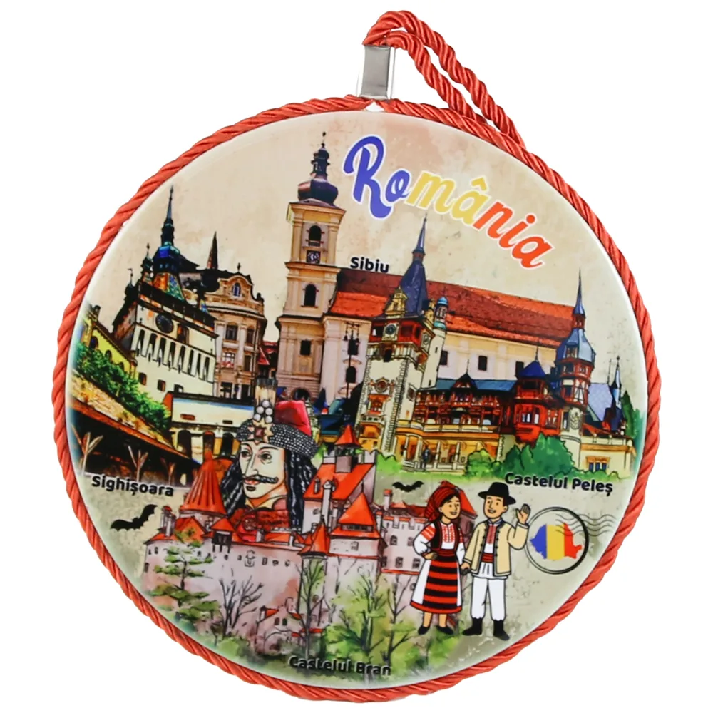 Decor perete rotund din ceramica Romania 17 cm Cladiri faimoase