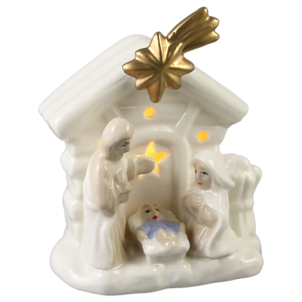 Decoratiune Sfanta Familie din ceramica, cu led, 10x11 CM, Betleem - imagine 2