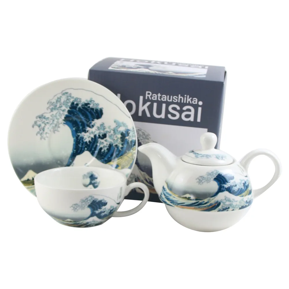 Set ceainic cu ceasca, farfurioara si infuzor metalic 350 ml/300 ml "The great Wave" de Hokusai, in cutie decorativa - imagine 2
