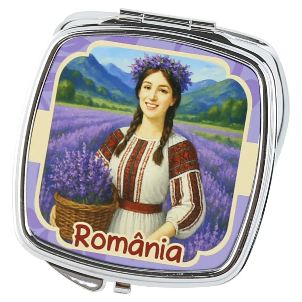 Oglinda de buzunar metalica "Romania" Tarancuta cu lavanda, 6 x 7 cm