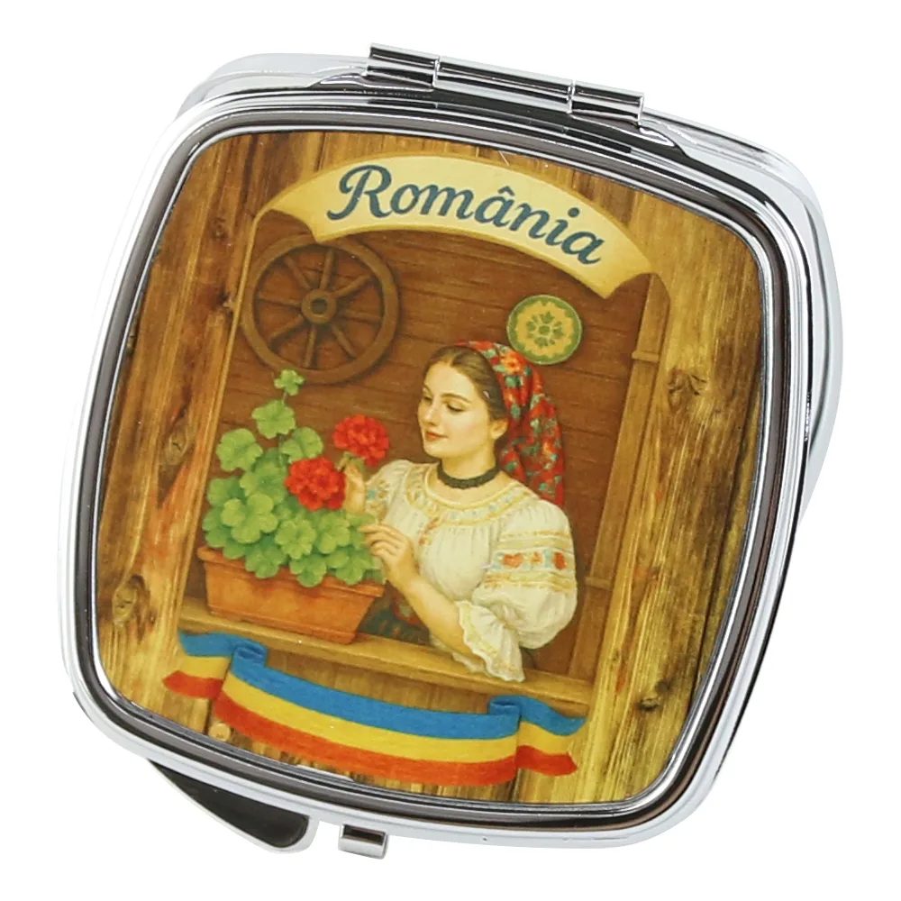 Oglinda de buzunar metalica "Romania" tarancuta cu muscata 6 x 7 cm