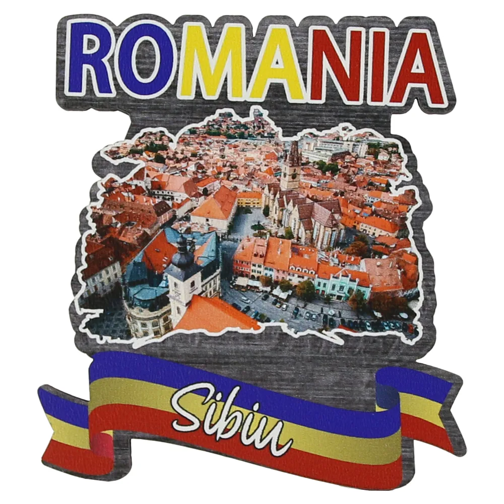 Magnet frigider din lemn "Romania" 8x8 CM, Sibiu, tricolor