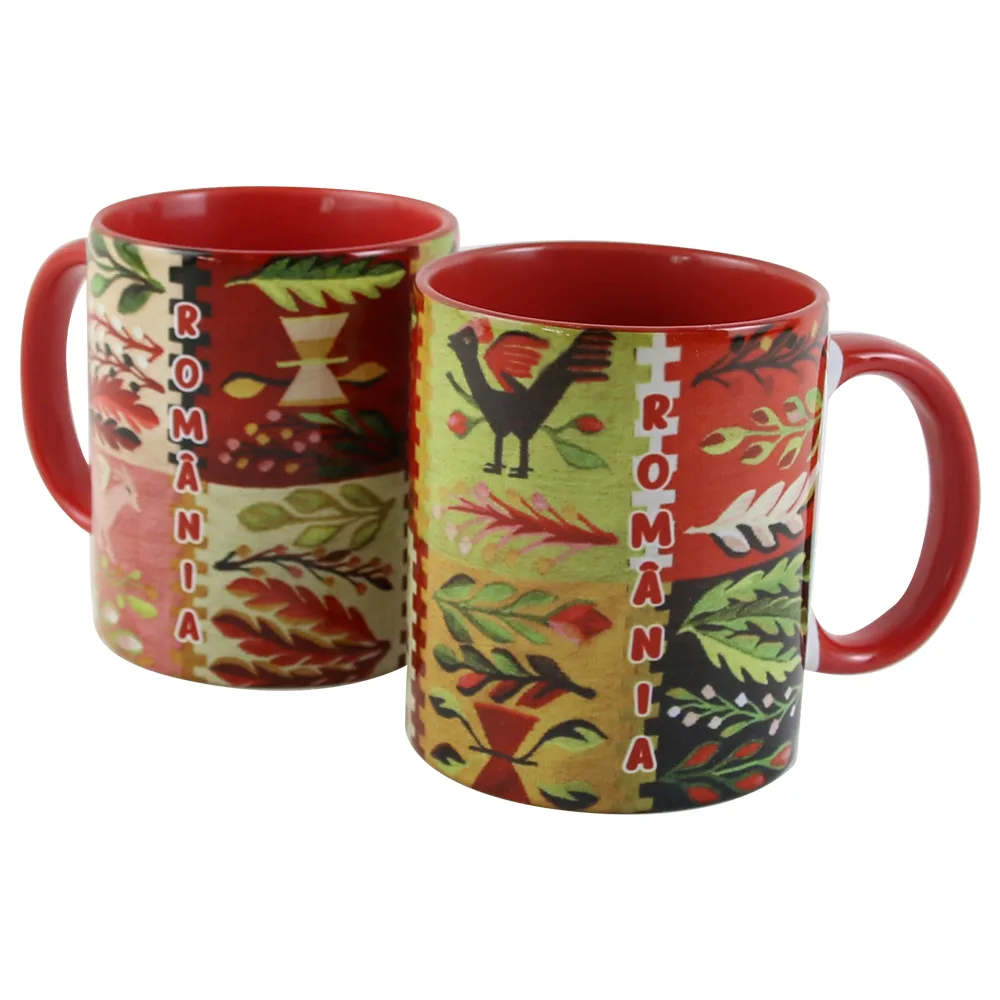 Cana ceramica "Romania" cu motive florale, 330 ml, colorata