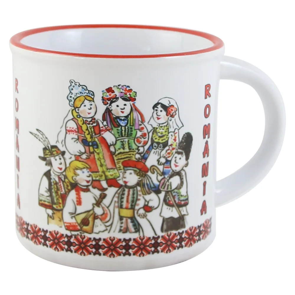 Cana ceramica "Romania" 280 ml, Vintage, oameni in port popular