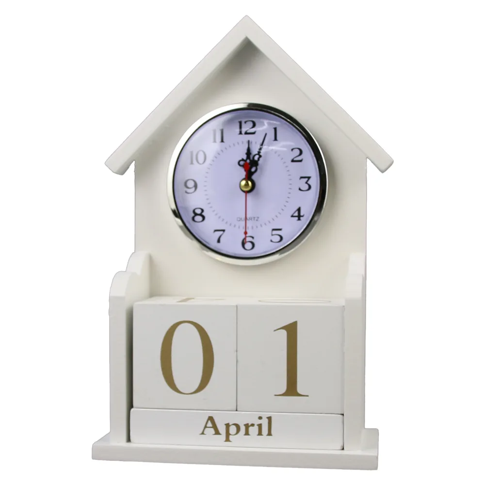 Calendar Perpetuu din lemn cu ceas 14x24 CM, Alb/auriu