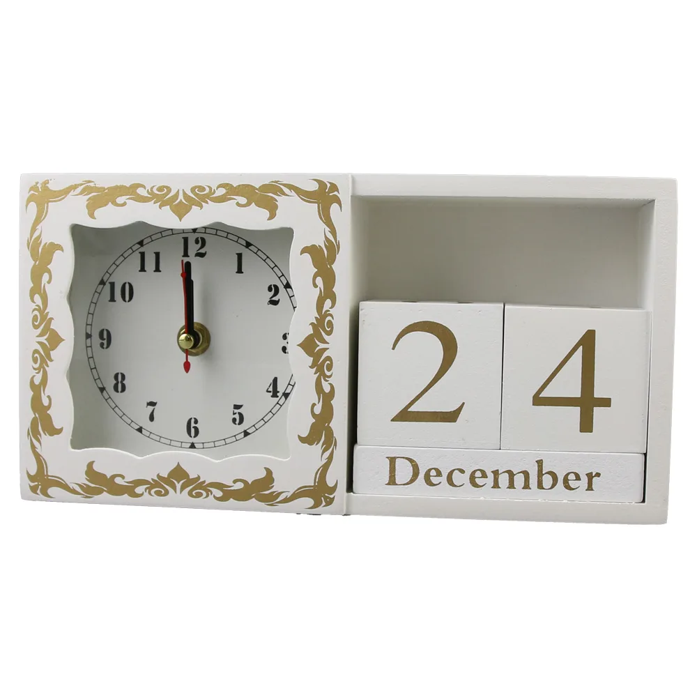 Calendar Perpetuu din lemn cu ceas 25x13 CM, Alb/auriu
