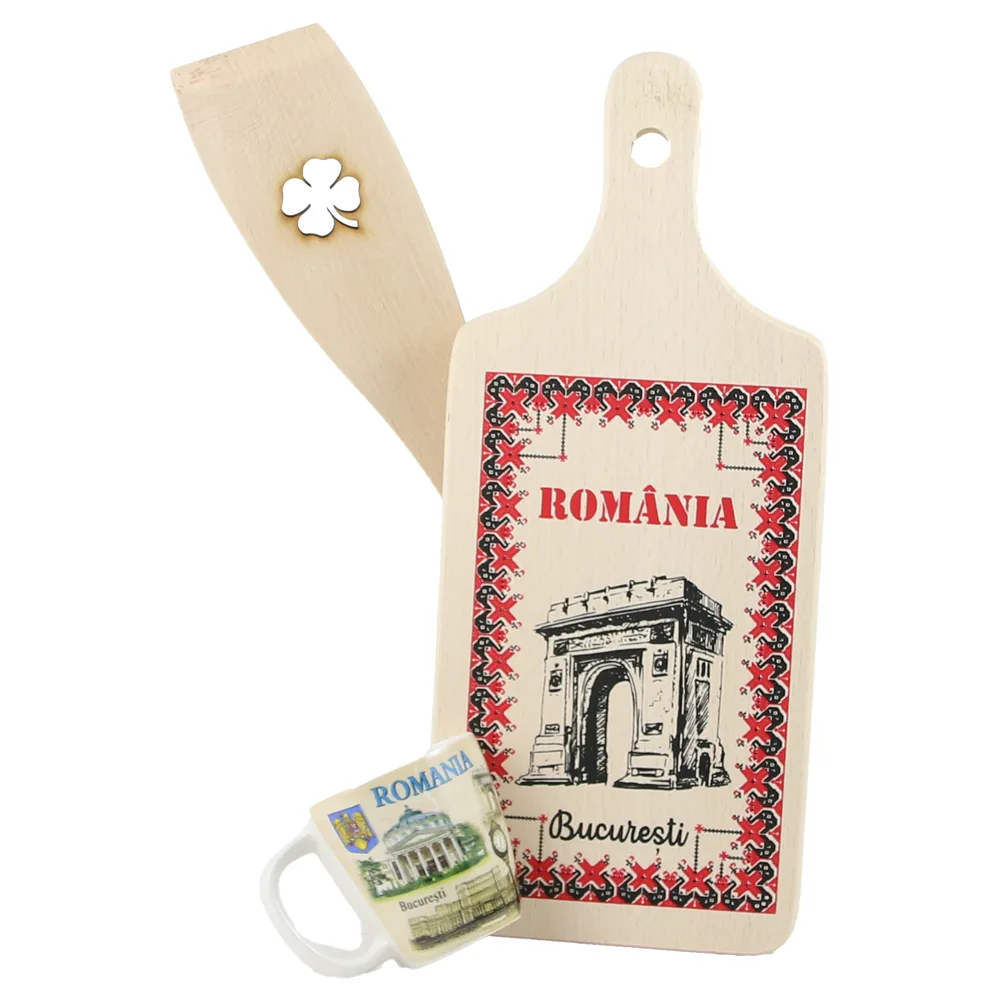 Set ustensile bucatarie din lemn cu magnet frigider "Bucuresti", 3 piese