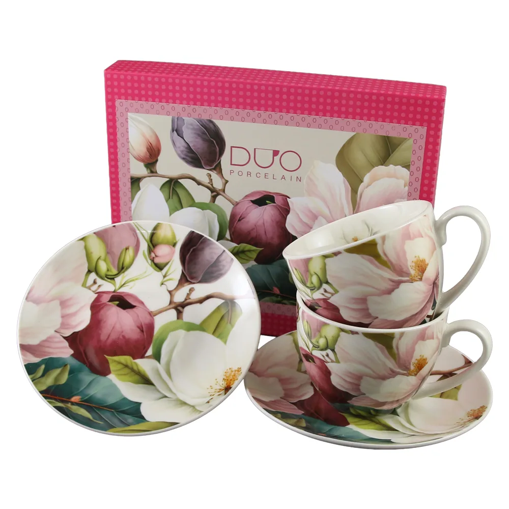 Set 2 cesti cu farfurii din portelan 270 ml "Magnolie" in cutie decorativa - imagine 2