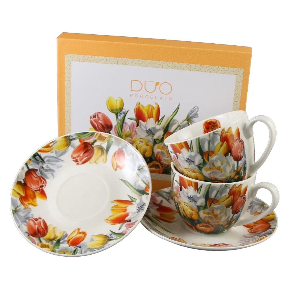 Set 2 cesti cu farfurii din portelan 270 ml "Tulipany" in cutie decorativa - imagine 2