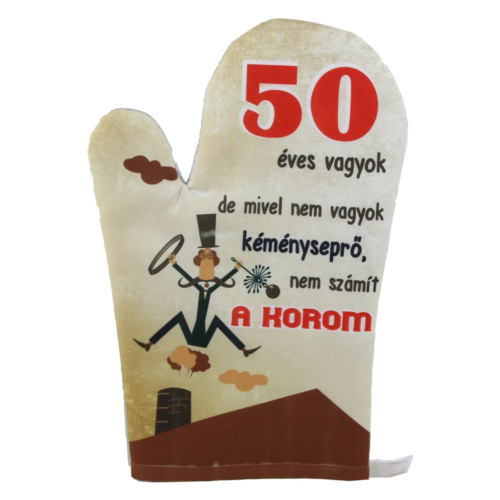 Manusa de bucatarie "50 eves vagyok...", din textil, 27 CM