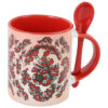 Cana ceramica cu lingurita, 330 ml, Rosu, motive traditionale Corund