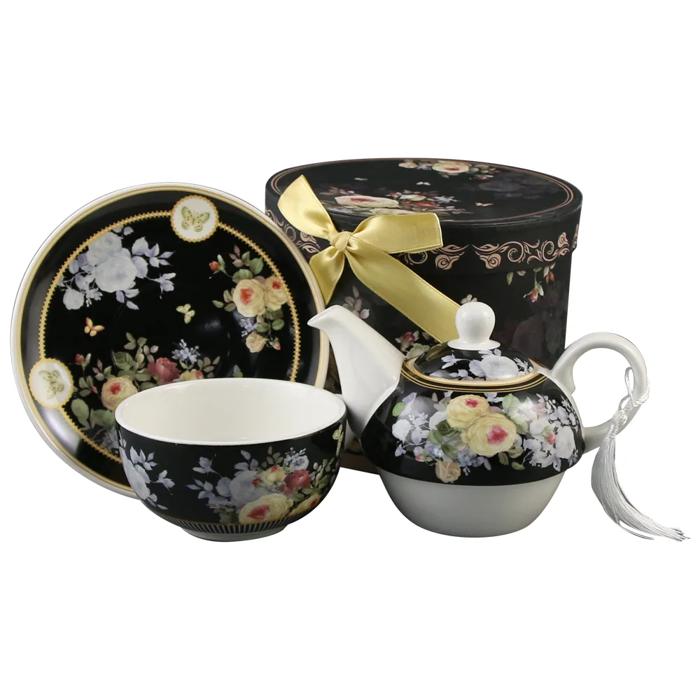 Set ceainic cu ceasca si farfurioara, 350 ml / 310 ml, in cutie decorativa, Flori, negru - imagine 2