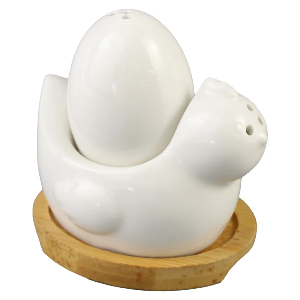 Set solnita/pipernita Gaina cu ou, din ceramica, cu suport din bambus