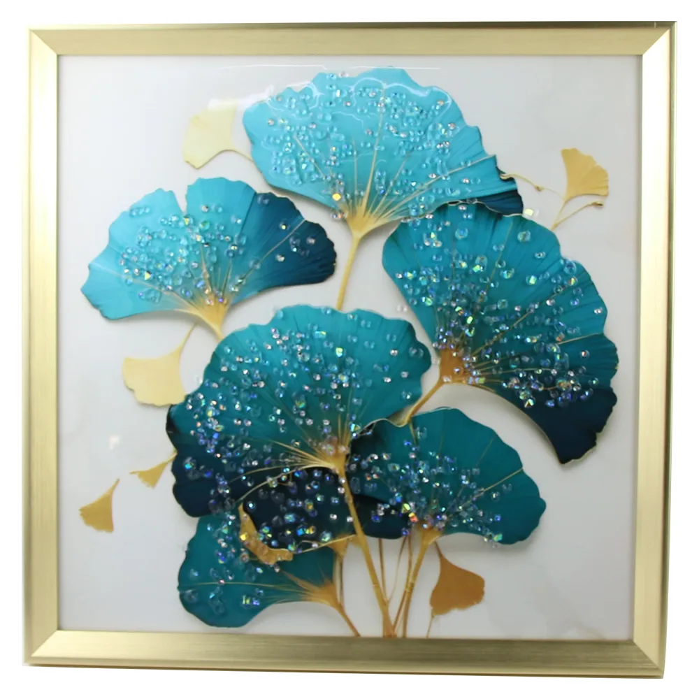 Tablou 3D cu pietricele stralucitoare 40 x 40 cm, Frunze Gingko