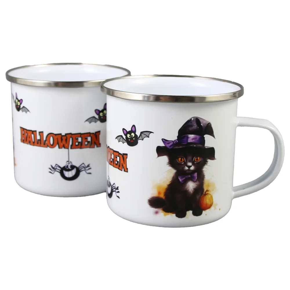 Cana metalica emailata "Halloween" 240 ml, Pisica neagra - imagine 2