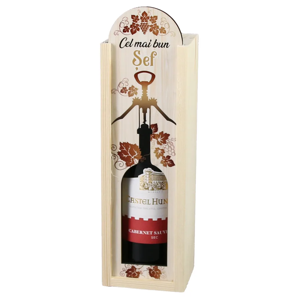 Cutie din lemn cu sticla de vin 187 ml "Cel mai bun Sef" 7 x 24 cm