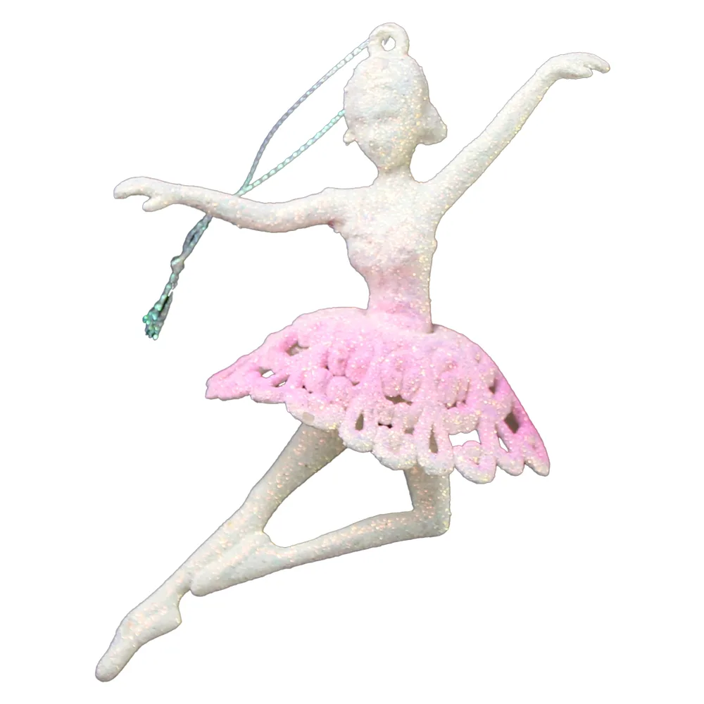 Ornament de brad 12 CM, Balerina din acril, roz cu glitter