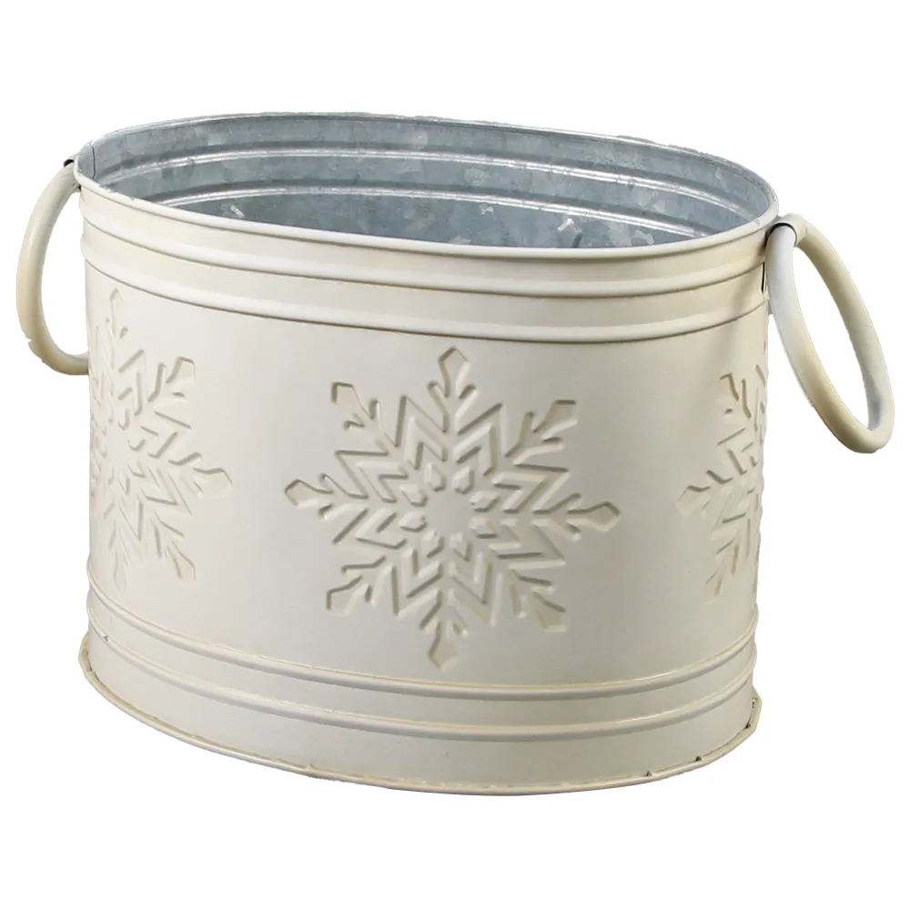 Ghiveci oval din metal 19x13 CM, Fulgi de nea, Crem