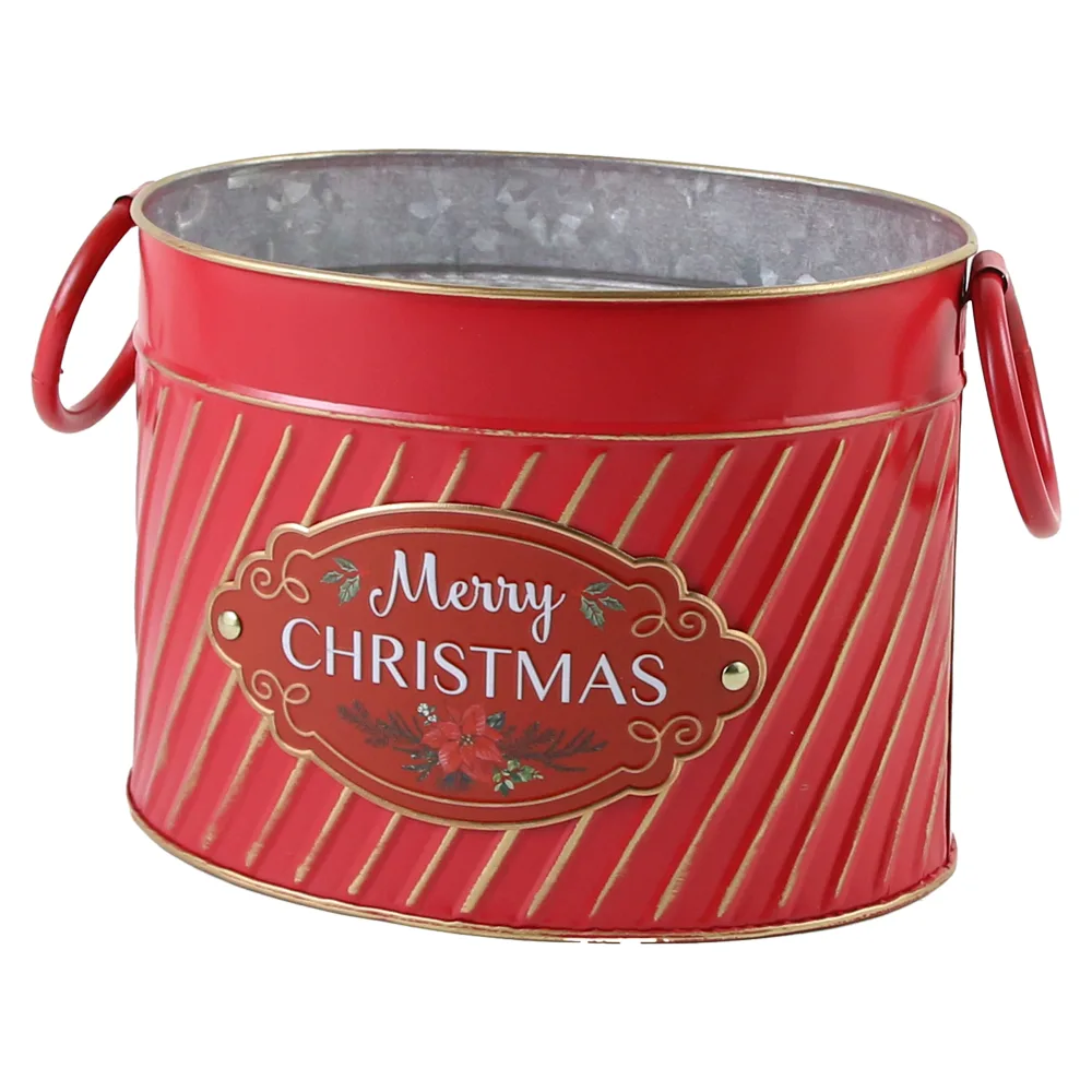 Ghiveci oval din metal "Merry Christmas", 18x14 CM, rosu/aur