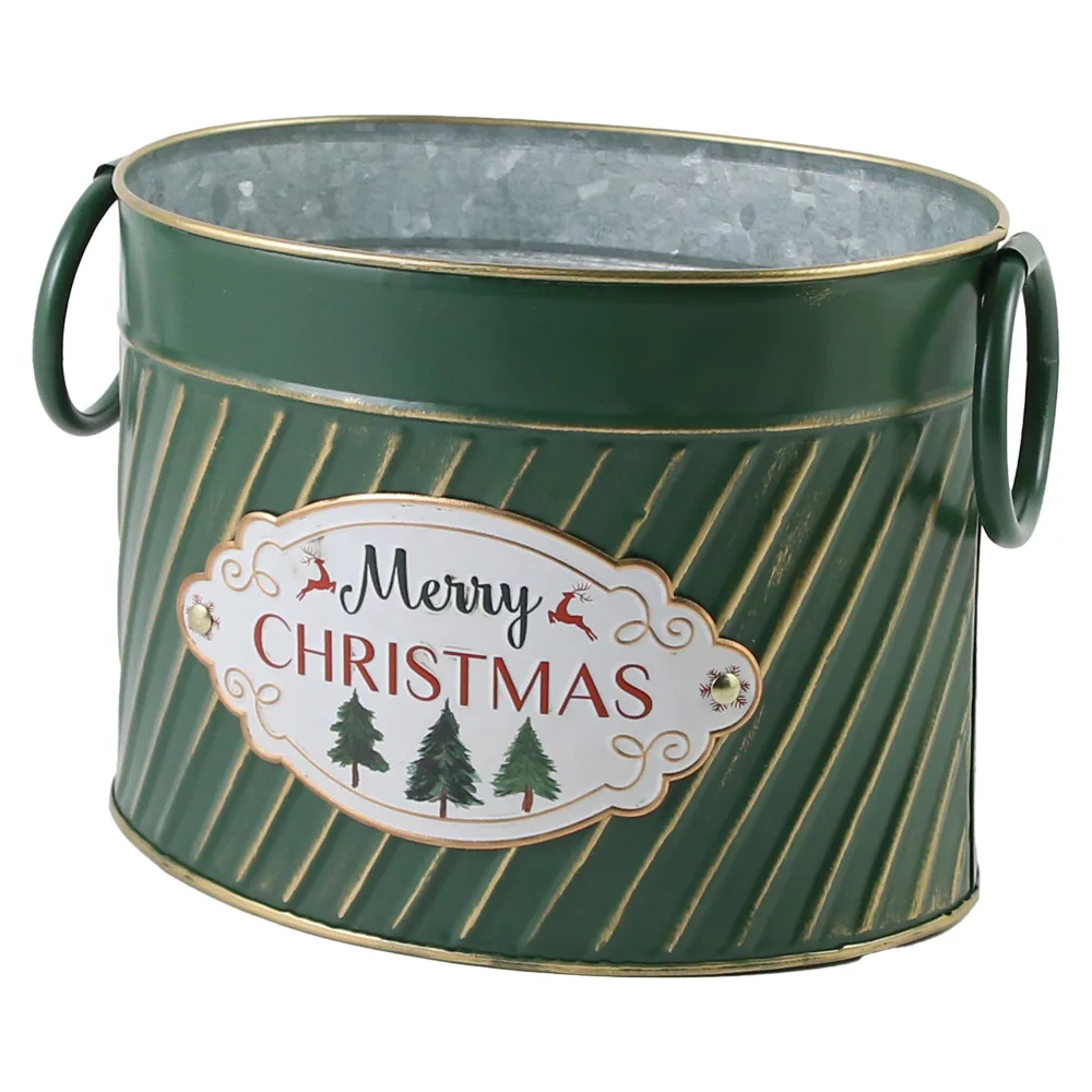 Ghiveci oval din metal "Merry Christmas", 18x14 CM, verde/aur