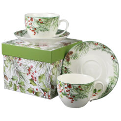 Alternative view of Set 2 cesti cu farfurii, din portelan, Christmas Leaves, 270 ml, in cutie decorativa, Frunze de Craciun
