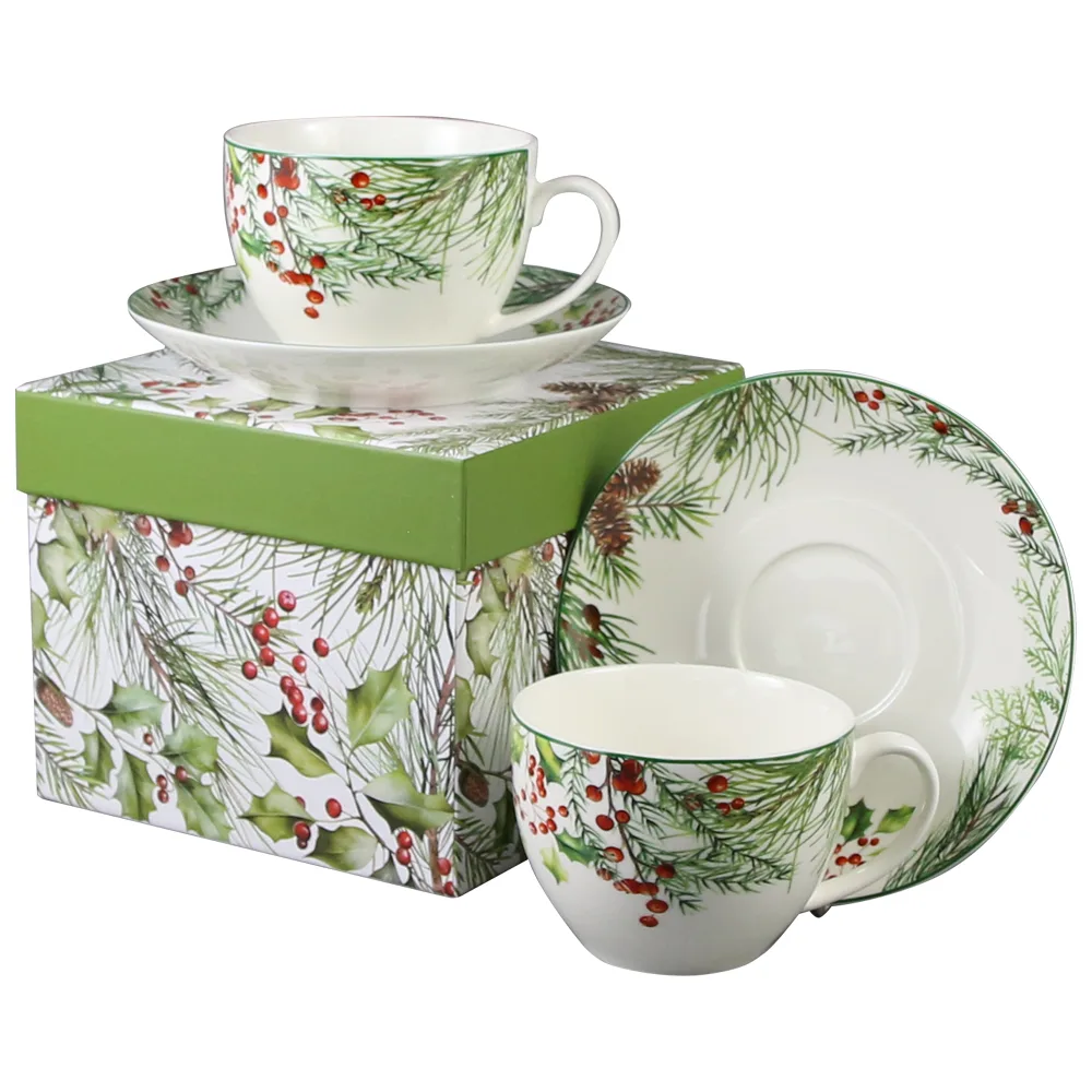 Set 2 cesti cu farfurii, din portelan, Christmas Leaves, 270 ml, in cutie decorativa, Frunze de Craciun - imagine 2