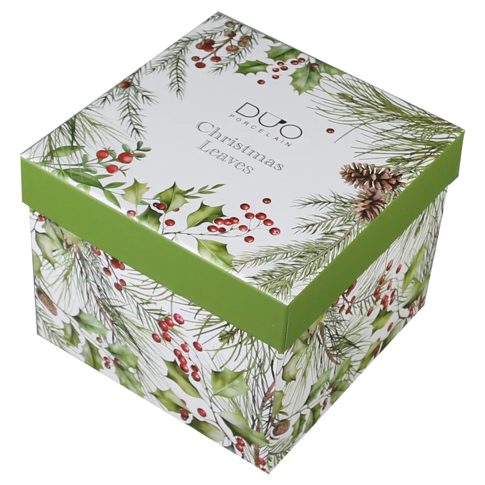 Set 2 cesti cu farfurii, din portelan, Christmas Leaves, 270 ml, in cutie decorativa, Frunze de Craciun - imagine 3