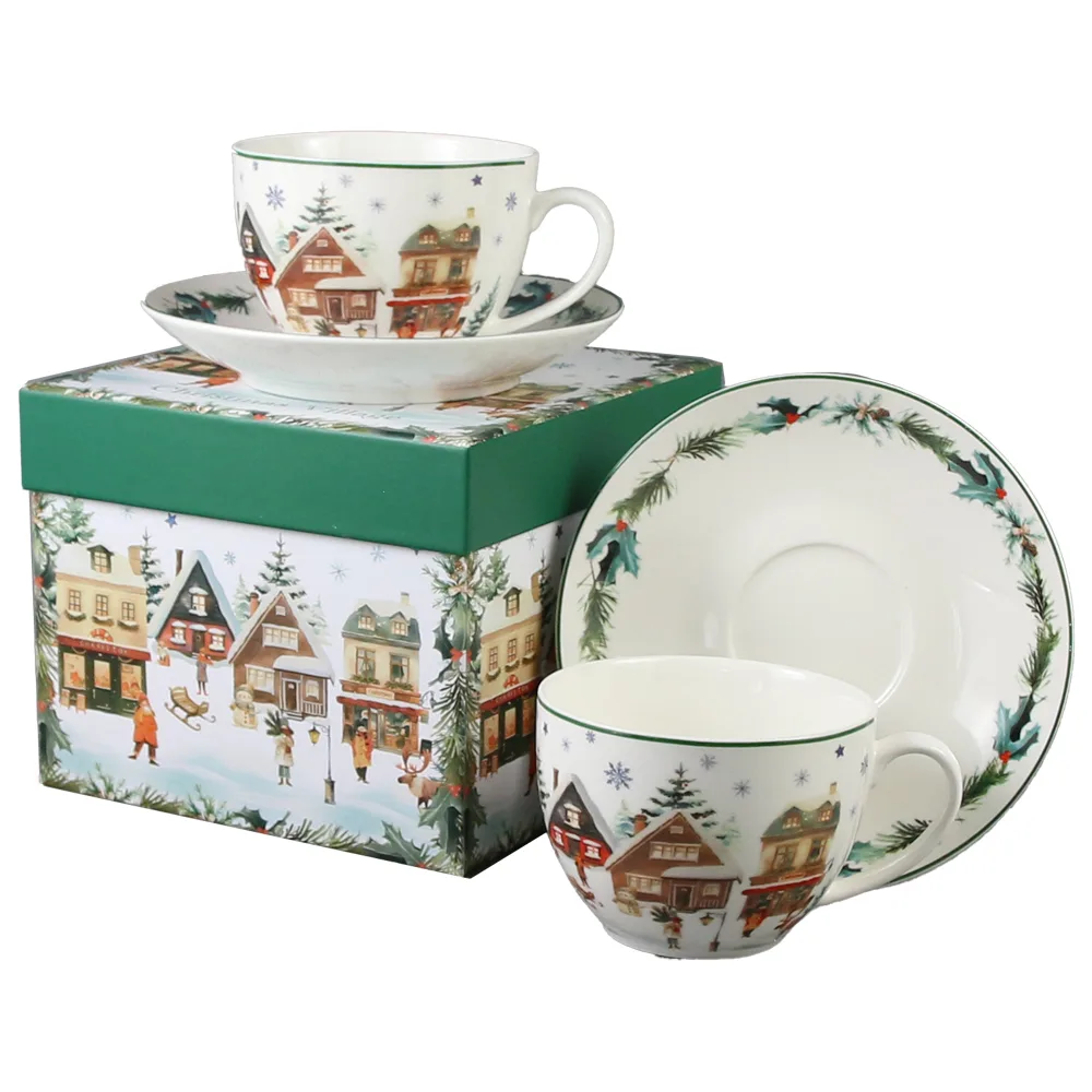 Set 2 cesti cu farfurii, din portelan, Christmas Village, 270 ml, in cutie decorativa, Sat de Craciun - imagine 2