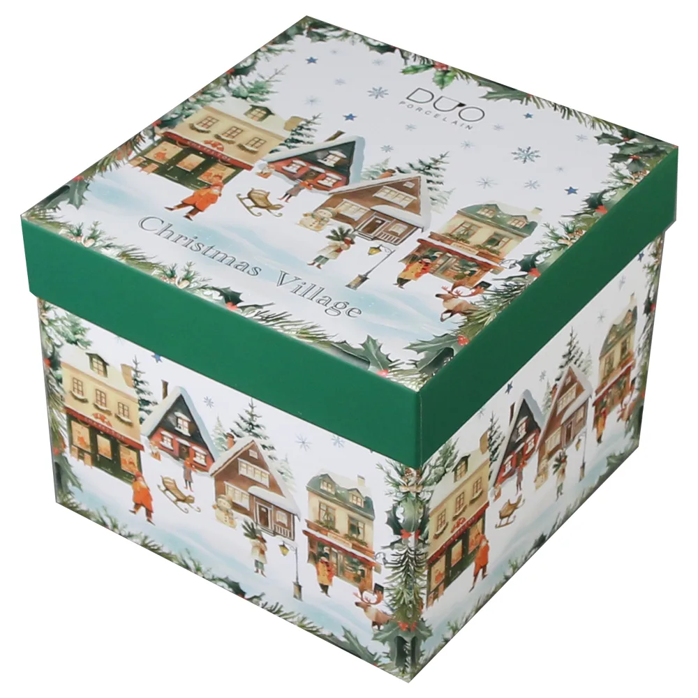 Set 2 cesti cu farfurii, din portelan, Christmas Village, 270 ml, in cutie decorativa, Sat de Craciun - imagine 3