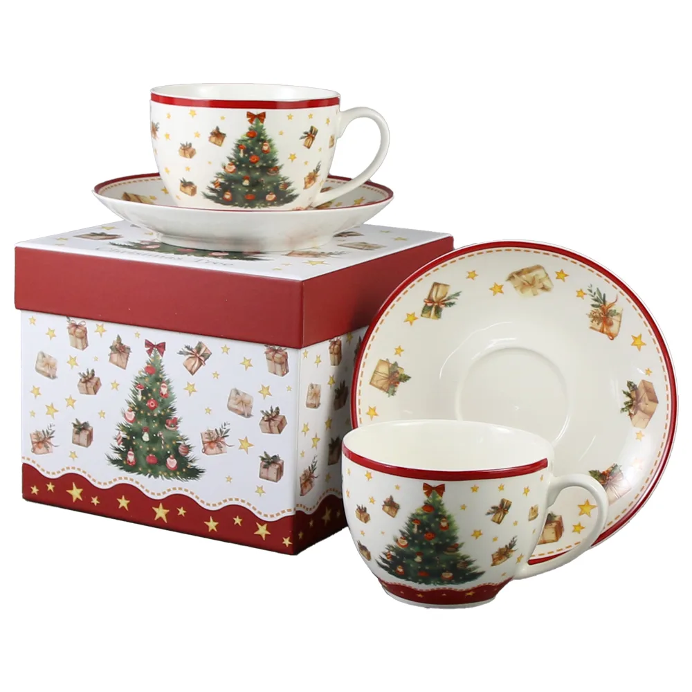 Set 2 cesti cu farfurii, din portelan, Christmas Tree, 270 ml, in cutie decorativa, Brad de Craciun - imagine 2